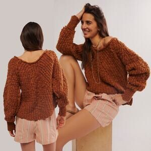 NEW Free People In A Swirl Chunky Pullover Sweater Cinnamon Brown Blouson Sleeve